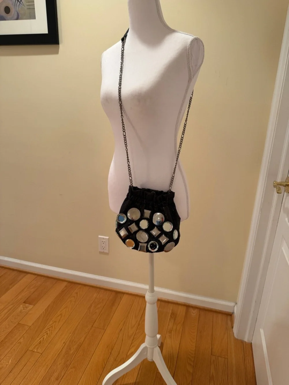 White House Black Market Black Jeweled Drawstring Crossbody - Picture 4 of 11